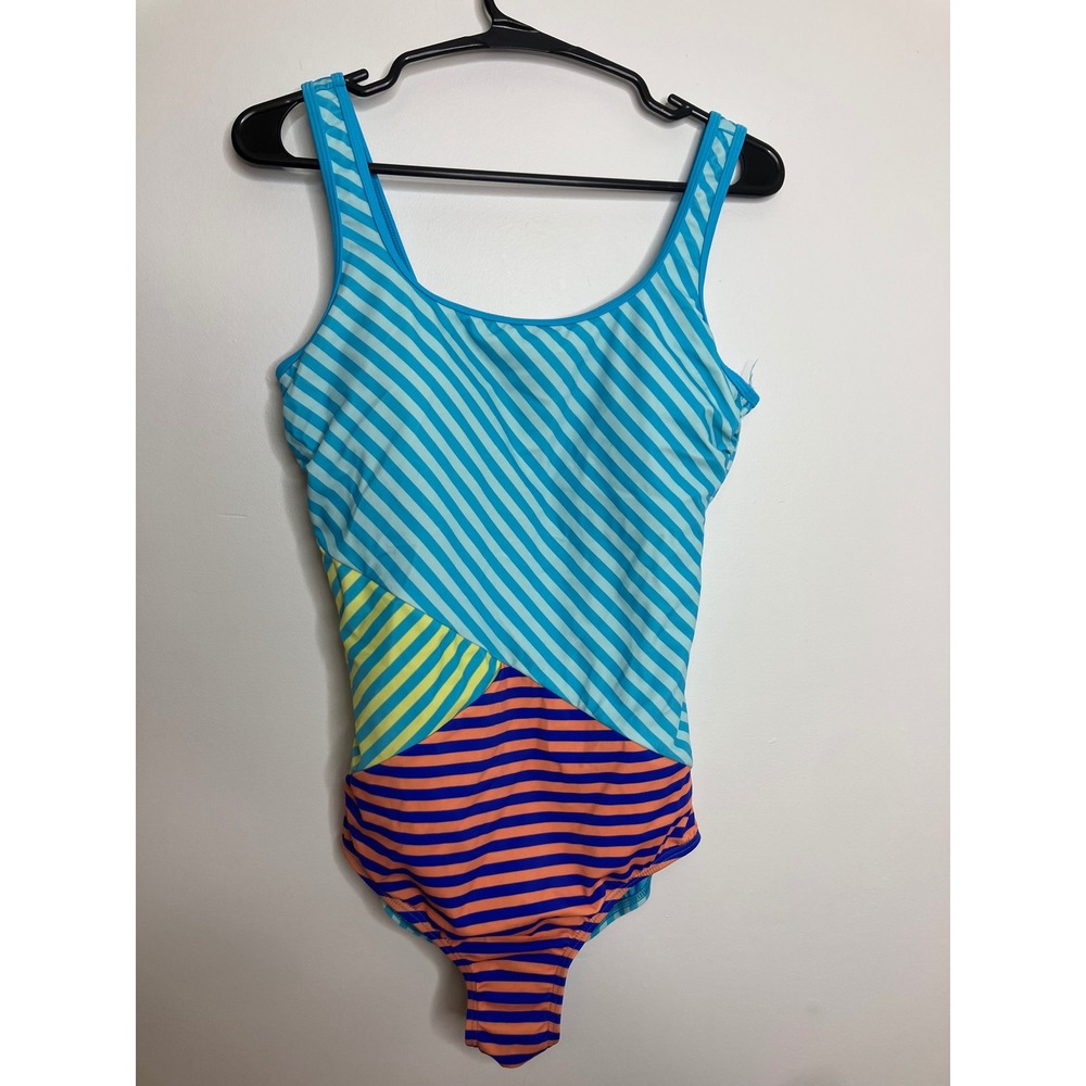 Lands' End One Piece Swimsuit Womens 10 Blue Striped Excellent Sporty Scoop Neck